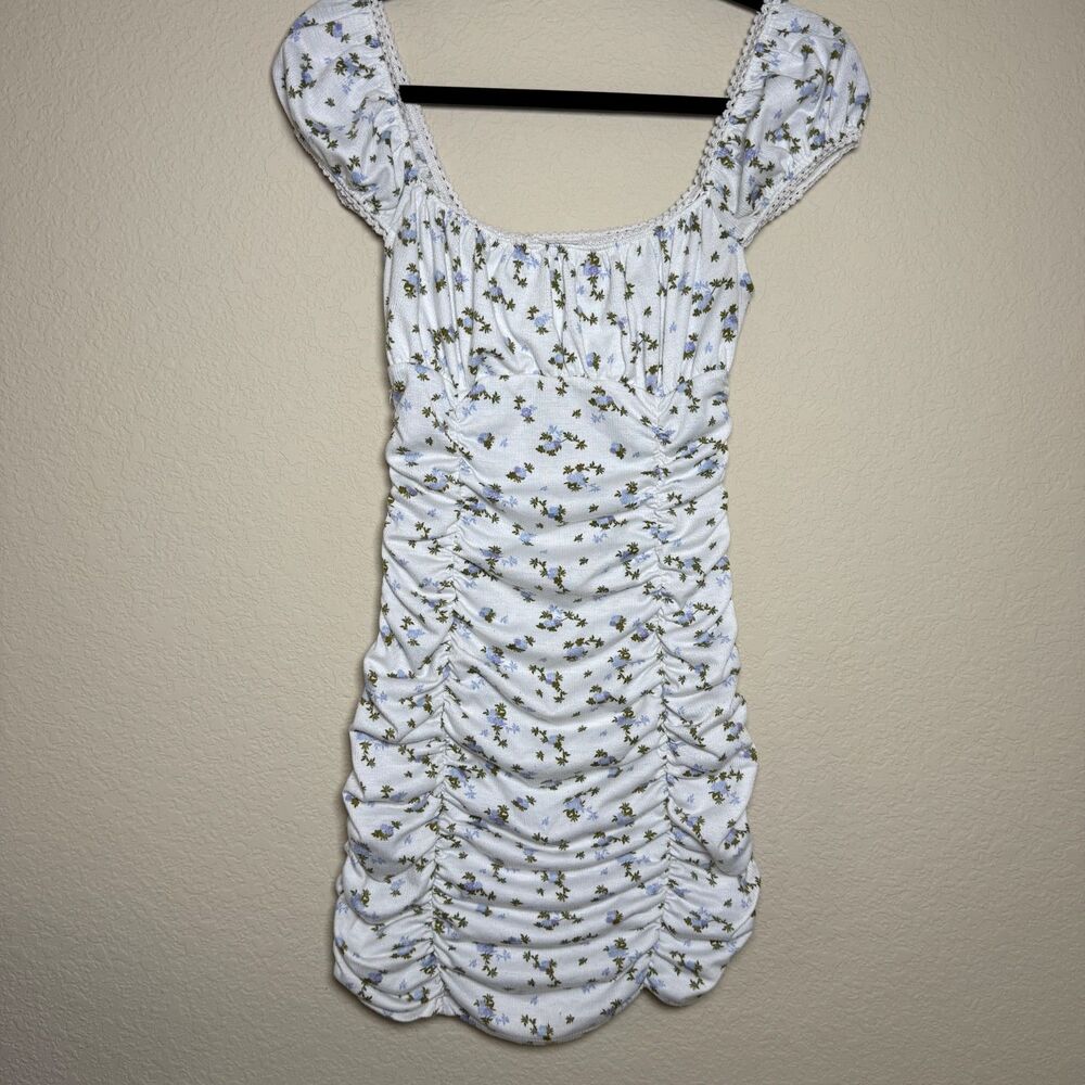 Urban Outfitters Blue Ditzy Floral Ruched Mini Dress Milkmaid Coquette Sz S‎